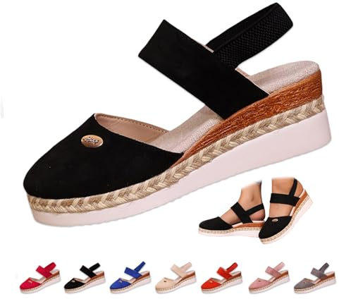 YHTRFDMSG Sandalias de plataforma con correa elástica en el tobillo para mujer, alpargatas, sandalias de cuña con puntera cerrada, zapatos elegantes, sandalias sin cordones