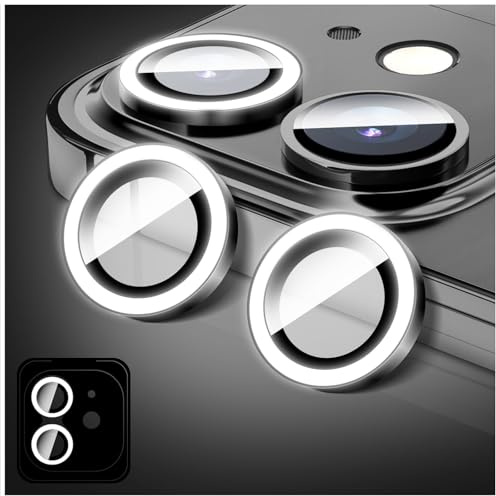 LucBuy Luminous Camera Lens Protector Compatible for iPhone 12/12 Mini, Bling Noctilucent Tempered Glass Camera Cover Film Stickers, Upgraded Auto-Align Anti-Scratch Alloy Rings
