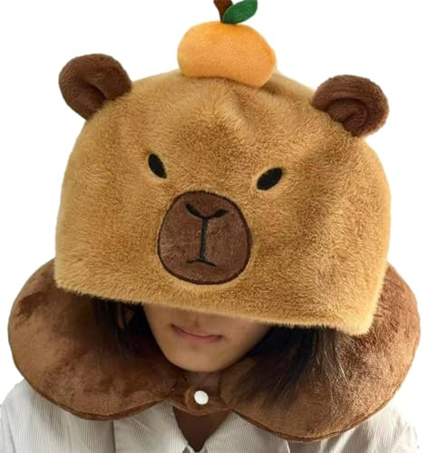 Cuscino per il collo a forma di U con cappuccio capibara - Morbido cuscino da viaggio in peluche per adulti e bambini | Perfetto per aerei, automobili, autobus e uso in ufficio | Cuscino di supporto