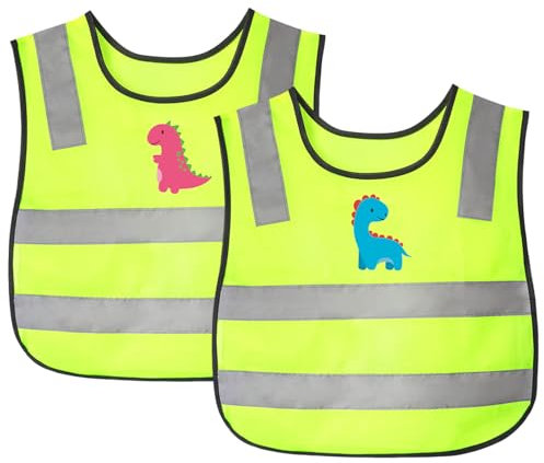 RoxNvm Warnweste Kinder, 2 PCS Warnwesten Auto Kinder, Sicherheitsweste Kinder, Universal Warnweste Fahrrad Kind Von(3-12 Jahre), Reflektorweste für Den Schulweg Radfahren Straßenverkehr (Dinosaurier)