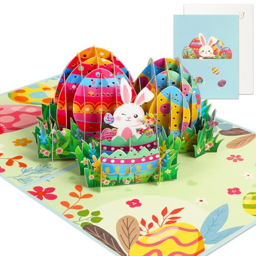 HOWAF Biglietti Auguri Pasqua, 3D Pop Up Biglietti Pasquali Coniglio Pasquale Uova di Pasqua Biglietto Pasqua, Biglietti Pasqua con Busta, 3D Biglietti Auguri di Buona Pasqua per Regali Pasquali