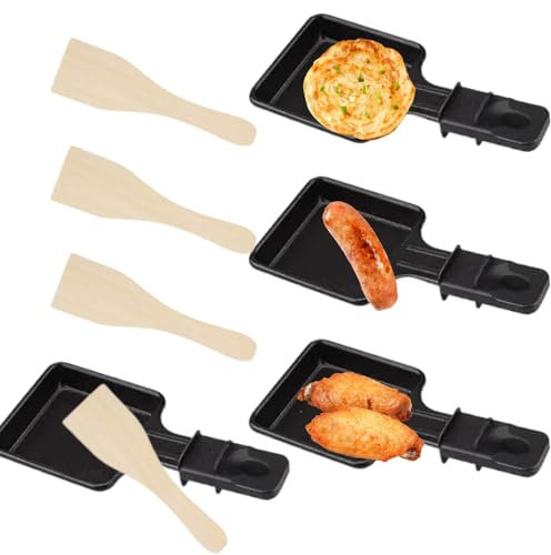 Padelle, 4 padelle antiaderenti per formaggio per raclette, formaggio, multifunzione, con spatola, manico in legno, uova, padella per sciogliere, padelle da cucina per ristoranti, interni ed esterni