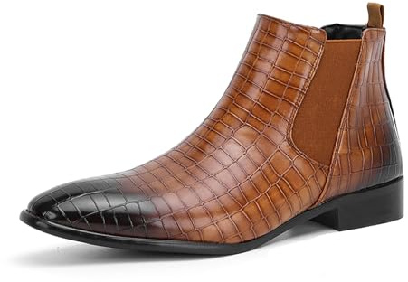 Mens Chelsea Boots - Classic PU Slip on Dress Boots with Side Elastic Panels - Comfort Low Heel Ankle Boots