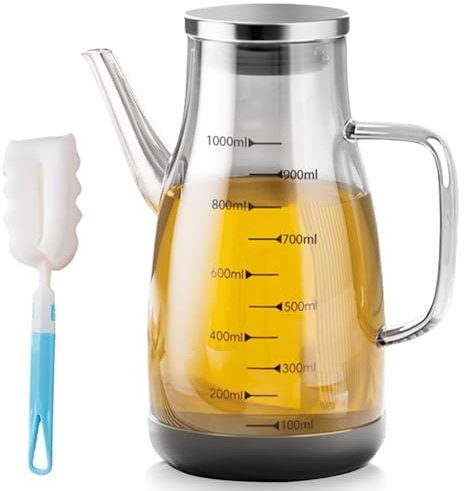 GOMETY Ölflasche 1L Glas Ölspender, Essig Leer Ölspender mit Griff Rutschfeste Silikonbasis Borosilikatglas AuslaufsicherÖlspender mit Messskala essig Öl Flaschen für Küche BBQ Tisch Camping (1000ml)