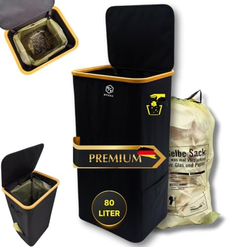 WEVOH Gelber Sack Ständer aus Bambus mit Textilstoff Müllständer passend für große und kleine gelbe Säcke, leicht aufzubauen, umweltfreundlicher Müllbeutelhalter für Küche und Haushalt