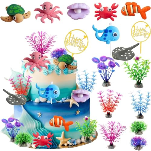 GUIZIYAO 3D Meerestiere Tortendeko, Ozean Thema Geburtstag, 15 Stück, Meerblau, Weiß, Gelb, Rot, Grün, Orange, Pink, Braun, Gold, Silber