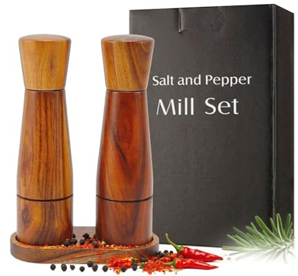 Salz und Pfeffermühle Holz Set Manuelle Ruspela 20,3 cm Salz- und Gewürzmühle mit Pfeffer und Salzmühle, 2 pcs Pfeffermühlen aus Holz mit Tablett, einstellbare Grobheit für Gewürze Pfeffer Salz