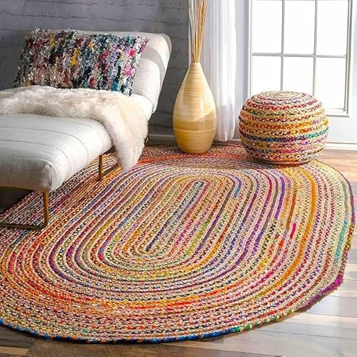 Aizza Trends Tappeto indiano fatto a mano intrecciato multi cotone con zona di iuta, tappeto per letto, tappeto ecologico per pavimento – 90 cm x 150 cm ovale