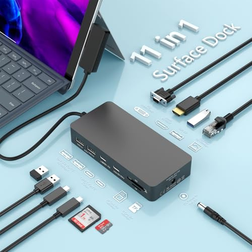 11 in 1 Neu MS Surface Dock, Surface Pro Docking Station Triple Display HDMI 4K VGA MS Surface Hub Adapter für Surface Pro 11/10/9/8/X/7/6/5/4/3, Laptop 7/6/5/4/3/2/1, Book Laptop Go 3/2/1