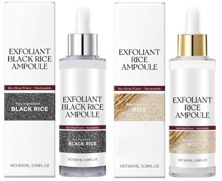 Black Rice Peeling Ampoule Duo, Rice Ampoule Exfoliating Peeling Solution, Body Scrub Dead Skin Cells, Hydrating Formula, Refining Pores Skin Brightening for All Skin Types (black and white, 200ml)