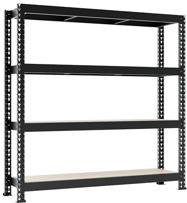 Metalkas MEGA-MET 300 Lagerregal mit 4 HDF-Platte, 180x180x60 cm, Fachlast 300kg, höhenverstellbaren Einlegeböden, Schwerlastregal, Kellerregal, Werkstattregal, aus Metall, Schwarz
