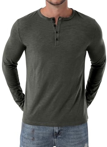 PARKLEES Men's Henley Shirt Casual Muscle Slim-Fit Workout Athletic Long-Sleeve T-Shirts Gray Large