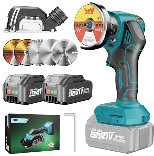 Yofuly Mini Amoladora Angular Batería Compatible con Maa-kita de 18V Batería, 2 Baterías de 4.0Ah, 76MM 19500RPM Radial Pequeña Eléctrica con 5 Discos de Corte y Cubierta Antipolvo para Cortar