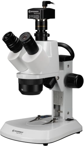 Bresser microscopio stereo trinoculare 10x-40x con telecamera MikroCam SF UHD, illuminazione LED, tubo trinoculare, set pratico per analisi dettagliate