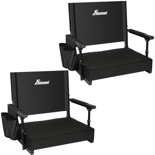 Romswi 2-Pack 2.8 Thick Stadium Seats with Back Support & Armrests, Lightweight Bleacher Chairs with 2 Cup Holders, Portable for Football Games & Events, Support Up to 400lbs, Black