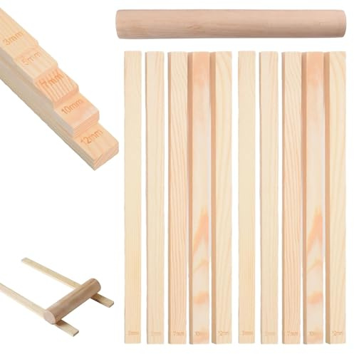 11 Pcs Wooden Pottery Rolling Guides Set, 5 Sizes Clay Thickness Guides with Rolling Stick for Craft Pottery Polymer Clay Thickness Tool
