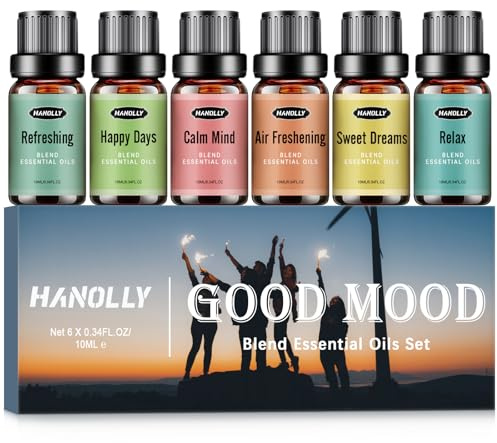 Hanolly 6 x 10 ml Gute Laune Ätherische Ölmischung Set Duftöle für Diffuser – Glückliche Tage, Frische Luft, Entspannung, Süße Träume, Erfrischung, Beruhigung | Set aus natürlichen ätherischen Ölen, Aromatherapie, für Massagen, Kerzen, Spa, Badezimmer, Geburtstagsgeschenk