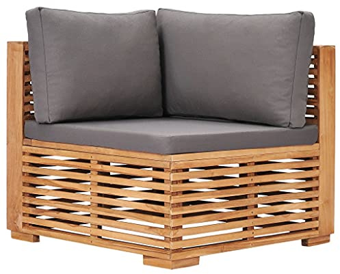 WRJENFSC Garten-Ecksofa aus Massivholz Teak, Loungesofa mit grauen Auflagen, Modulares Design für Terrasse und Balkon, Bequemes Eckteil inklusive Sitz- und Rückenkissen