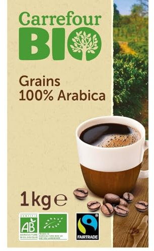 Café en Grains 100% Arabica Bio Commerce Équitable 1 kg — Sachet de Café Moulu Non, Grains Torréfiés pour Café Filtre et Cafetière à Piston, Arôme Aromatique et Fruité