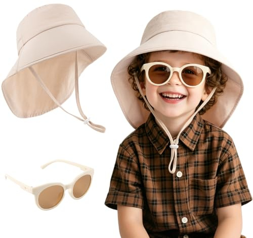 MELLIEX Bob Chapeau de Soleil Bébé Enfants Anti UV Chapeau à Bord Large avec Lunettes de Soleil Respirant Casquette Été pour Garçons et Filles