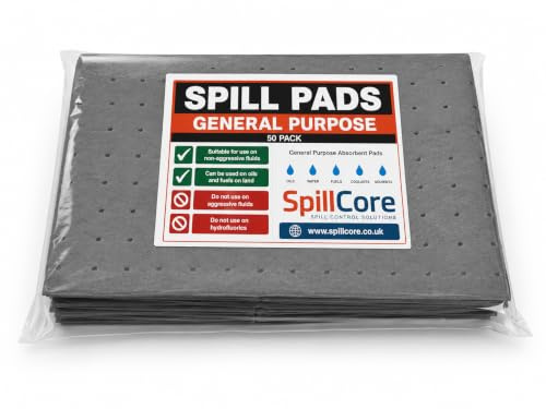 50 Pack Universal Absorbent Pads 38 x 23cm, General Purpose Spill Mats for Oil, Water and Everyday Liquid Spills, Fast Absorbing Sheets for Garage, Workshop, Home and Vehicle Use
