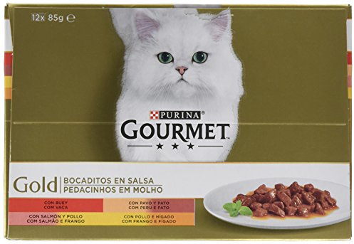 GOURMET Gold Bocaditos en Salsa, Comida Húmeda para Gato Adulto, Trocitos en Salsa, Surtido de Buey, Pavo y Pato, Salmón y Pollo y Pollo e Hígado, 8 Packs de 12 Latas de 85 g. (96 latas)