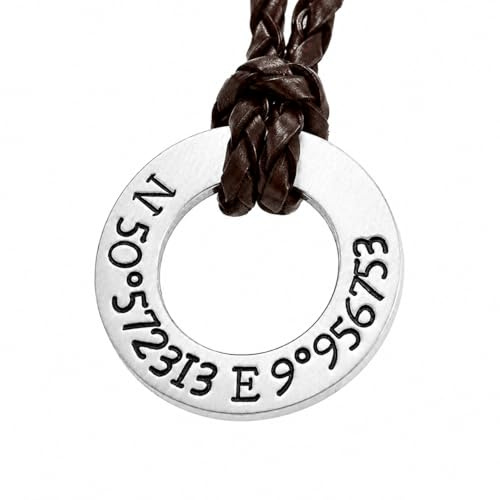 Timbalino Personalisierte Herren-Lederkette mit Edelstahl-Ring handgestempelt – Namenskette mit Koordinaten & Wunschtext – Geflochtenes Leder Schwarz/Braun – Geschenk für Männer von handmade