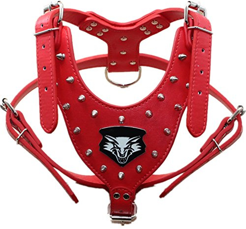 haoyueer Wolf Hundegeschirr mit Nieten, Leder, für mittelgroße und große Hunde, Pit Bull, Mastiff, Boxer, Bullterrier, Rot