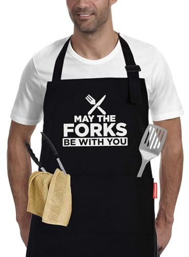 Mens BBQ Grilling Kitchen Aprons-May The Forks Be with You, Novelty Funny Cooking Apron for Movie Fans, Black Chef Apron, Christmas Gifts for Him, Men, Husband, Boyfriend, Son