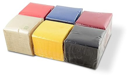 Hostelnovo Papierservietten, 600 Stück, verschiedene Farben: Gelb, Rot, Marineblau, Bordeaux, Schwarz und Natur, Spezial Cocktail - 10 x 10 cm