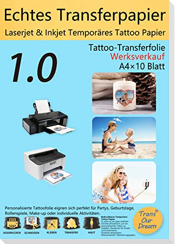 TransOurDream A4 x 10 set, bläckstråleskrivare/laser tatueringspapper gör-det-själv ljusfolie, tillfällig tatueringsöverföring, dekalpapper