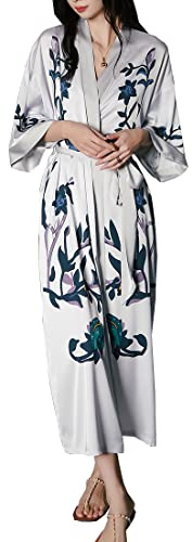 MEDUOLA Accappatoio Donna Estivo Kimono Raso Stampato Seta Camicia da Notte Lunga Elegante Taglia Unica,Fiore Grigio Chiaro