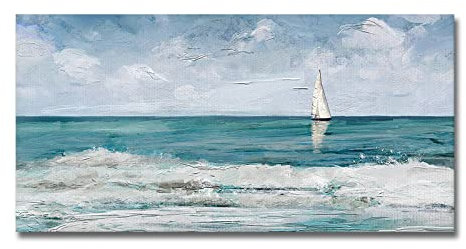 LCDIUDIU Handgemalte Acrylbilder, Blauer Himmel Meer Segelboot Wellen Landschaft Moderne Abstrakte Kunstwerke Handgemalte Ölgemälde Auf Leinwand Wandkunst Für Wohnzimmer Schlafzimmer Büro