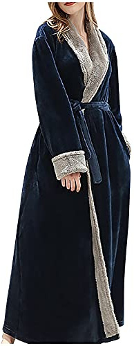 Accappatoio da donna in pile bianco senza cappuccio invernale caldo abito da donna soffice in flanella lungo soffice accappatoio con cintura per donna unisex in cotone accappatoio spa, 0A-blu navy, M