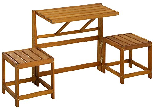 Outsunny Gartenbank, 2-in-1 Parkbank, Gartenmöbel-Set, Gartentisch, Holzbank für 2 Personen, bis 260 kg Belastbar, für Balkon, Terrasse, Massivholz, Teak, 158 x 48 x 80 cm