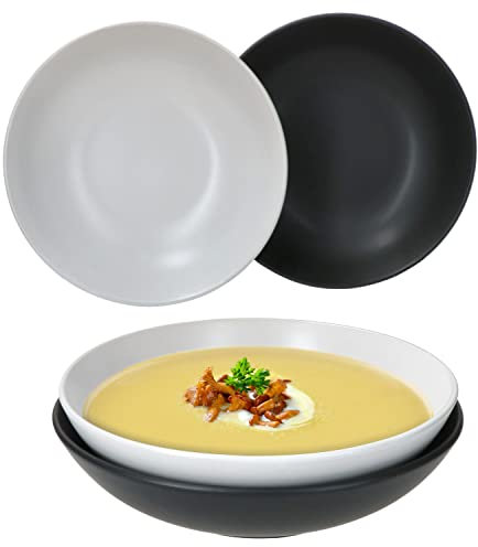 MamboCat Nero Bianco Lot de 4 assiettes creuses profondes I 550 ml I Ø 20,5 cm I 4 personnes I Vaisselle blanche et noire mate I Bol à soupe Bol à céréales, assiette à salade I Grès I Noir & Blanc