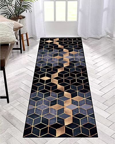 Läufer Teppich Lang Flur rutschfest Waschbar 80X120CM Küchen Korridor TeppichLäufer für Flur Blau Schwarz Gold Schlafzimmer Wohnzimmer Polyester Teppichmatte, Anpassbar Küchenteppich Meterware