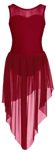 Yihuimin Girls Lyrical Dance Costume Sleeveless Mesh Splice High Low Dress Modern Contemporary Dancewear Burgundy 13-14 Years