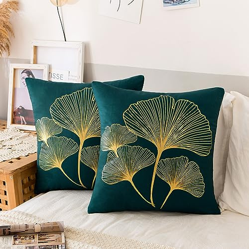 ETOLISHOP 2er Set Kissenbezug 40x40cm Kissenbezüge Ginkgo Biloba Samt Kissenbezüge Blau Dunkelgrün Kissenbezug Soft Cosy Kissen Bezüge Deko Moderne Dekokissen Sofakissen Zierkissenbezug für Sofa