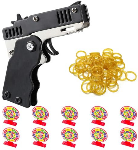 1pcs Mini Metal Rubber Strap Gun With 60pcs Soft Rubber Bands, 10pcs Plastic Shooting Targets, Portable Rubber Belt Gun, Indoor And Outdoor Shooting Games, Catapult Toys With Key Chain (Black)