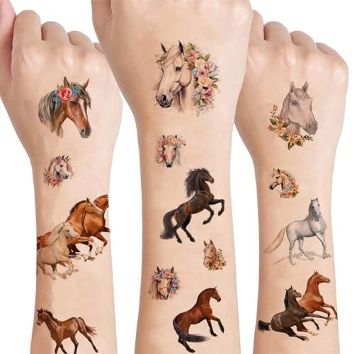 Kinretixia® 2 Blätter Pferdemuster Tattoo Set Kinder, Geschenke für Kinder, Mädchen Geschenk, Temporäre Tattoos, Hochwertige und Langlebige Tattoos Partydekorationen