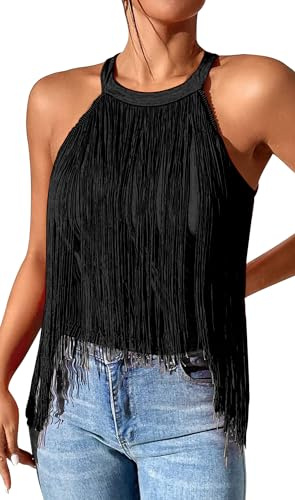 FEOYA Top da donna con frange all'americana orlo asimmetrico con nappe senza maniche Halter Top Cowgirl tinta unita Boho Camisole Rave camicie country concerto festival abiti, 02 Nero, L