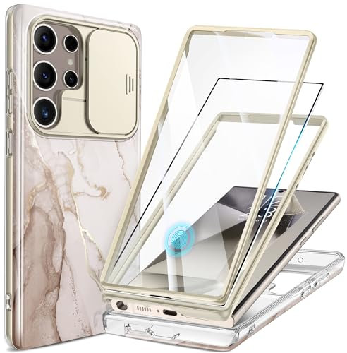 GVIEWIN Kompatibel mit Samsung Galaxy S24 Ultra Hülle mit Schiebekamera Abdeckung+Displayschutzfolie, [2 Frontrahmen] 360° stoßfester Bumper Marmor Schutzhülle 6,8 Zoll, Shweta/Weiß