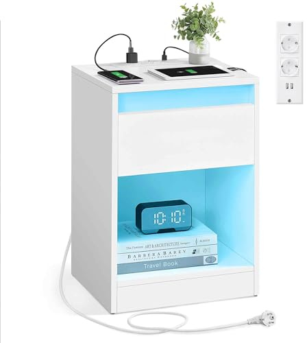 VASAGLE KAILYN Collezione - Comodino a LED con Stazione di Ricarica, Tavolino con Luci LED Regolabili, 2 Prese AC, 2 Porte USB, Moderno, per Camera da Letto Soggiorno, Bianco Nuvola LET618T15