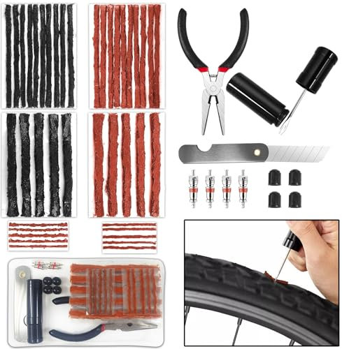 Ysimple 51 Pcs Tubeless Bike Tyre Repair Tool Kit,Bike Tire Punctures with Bacon Strips Plus Insertion Tool Tire Repair Fork Reamer, Motorbike Puncture Repair Kit for MTB and Road Mountain Bicycle