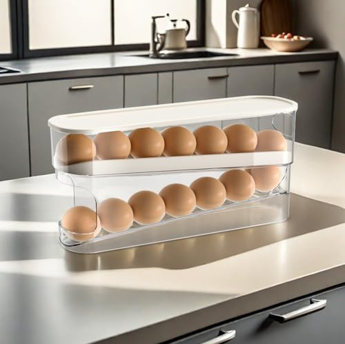 PRITOK Eierhalter für Kühlschrank, 2 Schichten Automatischer Eierbehälter für Kühlschrank, Rolldown Eierspender Eier Organizer, Stapelbarer Transparenter Kunststoff-Eierspender, Hält 12 Große Eier
