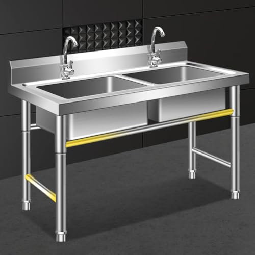 TT-YEC Freistehendes Doppelwaschbecken, Gewerbliches Küchenspülbecken Aus Edelstahl 304, Gewerbliches/Industrielles Spülbecken Mit Aufkantung Und Zwei Wasserhähnen, Spüle Im Landhausstil,120 * 60cm