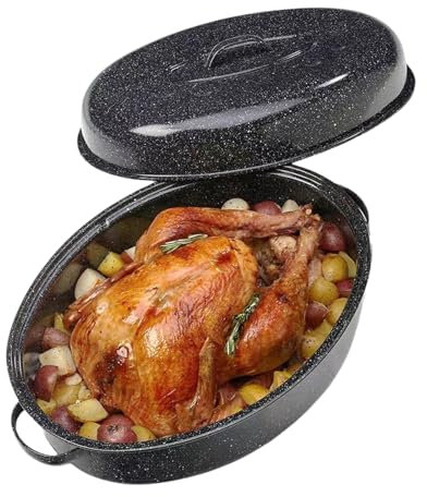 19” Turkey Roasting Pan Enamel Oval Granite Large Turkey Roaster Pan with lid,Extra Large 20 lb Capacity Suitable for Thanksgiving Day, Enamel Cook Ware, Dishwasher Compatibility Granite Oven Roaster