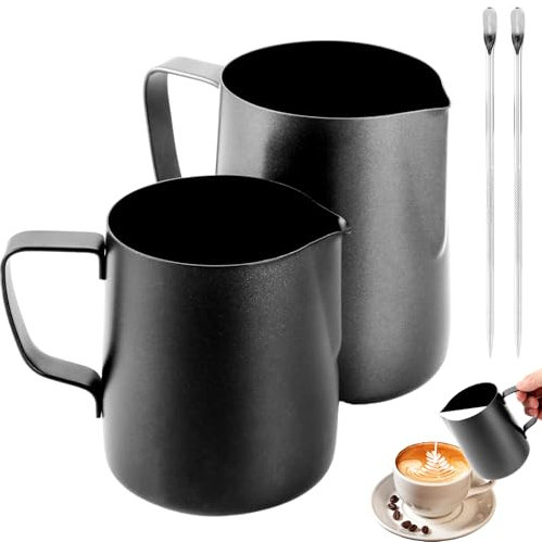 APACALI Barista - 2 bricco per latte in acciaio inox nero, con misurazione Mark e Latte Art, per cappuccino espresso, 600 ml + 350 ml
