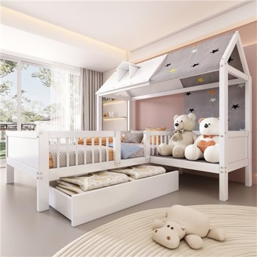 Hausbett Aus Holz Mit Schubladen Unter Dem Bett Und Lattenrost, Kinderbett Mit Sicherheitsgeländer, 90 X 200 cm, Geeignet Für Jugend- Und Kinderzimmer